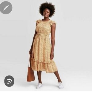 Floral Yellow Ruffle Sleeve Dress Sz L